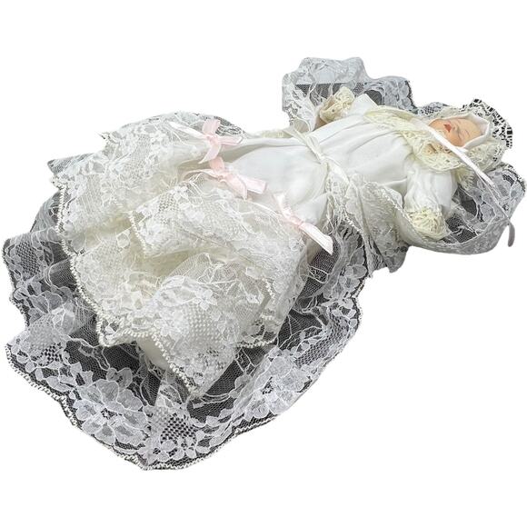 Miniature Porcelain Baby Doll in White Lace Bonnet Collectible Decor - Picture 6 of 9